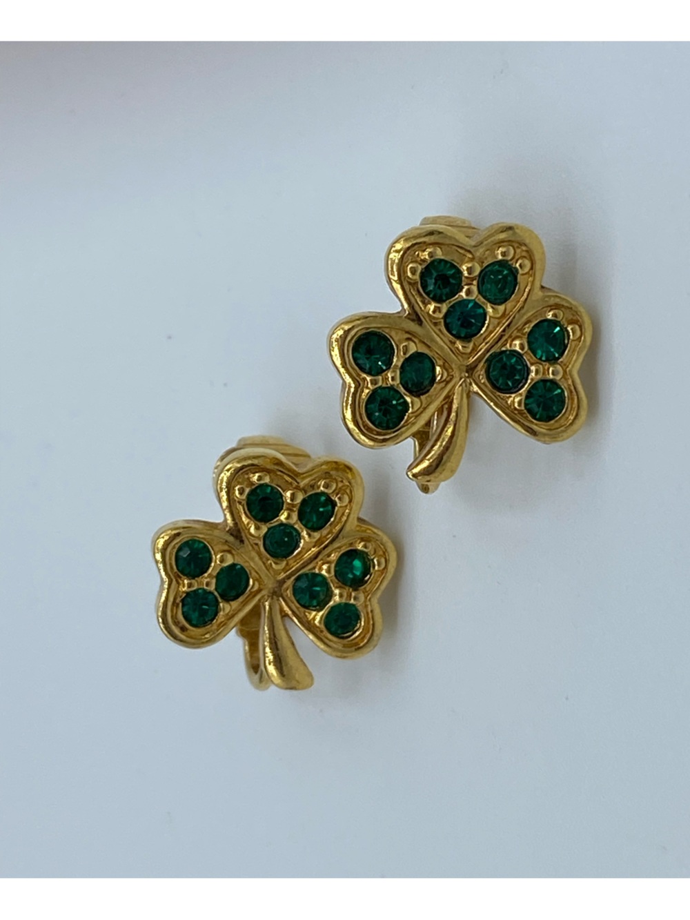 Avon Gold-Tone Shamrock Clip On Earrings with Green Crystals